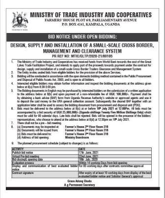 DESIGN, SUPPLY AND INSTALLATION OF A SMALL-SCALE CROSS BORDER, MANAGEMENT AND CLEARANCE SYSTEM PR REF NO: MTIC/GLTP/2020-21/00105