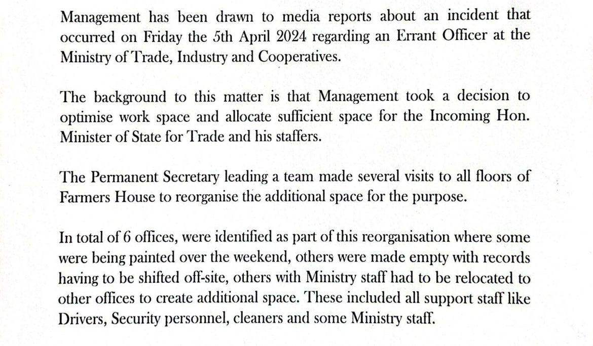 Incident of staff indiscipline at the Ministry of Trade, Industry and Cooperatives.