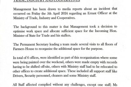 Incident of staff indiscipline at the Ministry of Trade, Industry and Cooperatives.