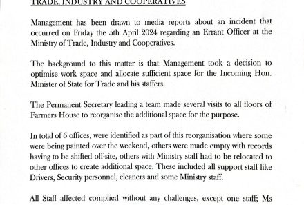 Incident of staff indiscipline at the Ministry of Trade, Industry and Cooperatives.