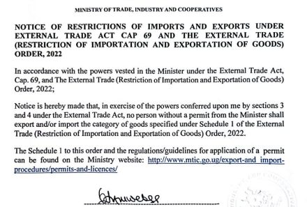 NOTICE OF RESTRICTIONS OF IMPORTS AND EXPORTS