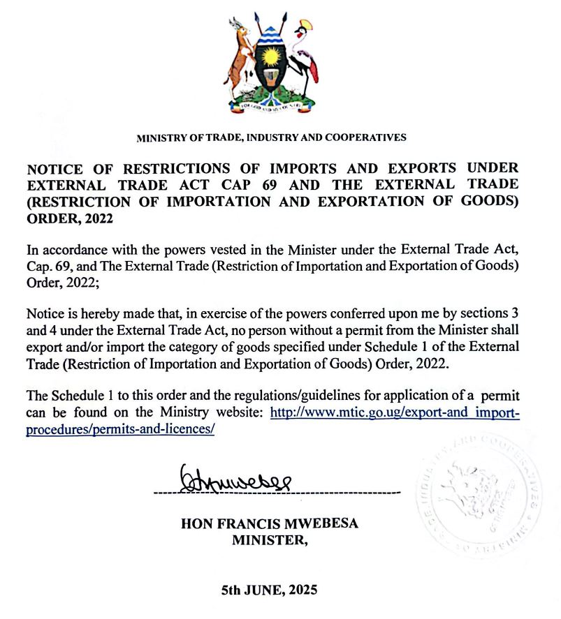 NOTICE OF RESTRICTIONS OF IMPORTS AND EXPORTS