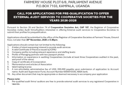 CALL FOR APPLICATIONS FOR PRE-QUALIFICATION TO OFFER EXTERNAL AUDIT SERVICES TO COOPERATIVE SOCIETIES FOR THE YEARS 2026-2028