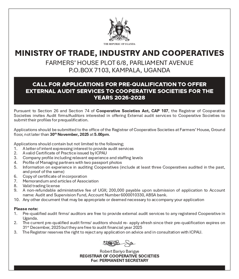 CALL FOR APPLICATIONS FOR PRE-QUALIFICATION TO OFFER EXTERNAL AUDIT SERVICES TO COOPERATIVE SOCIETIES FOR THE YEARS 2026-2028