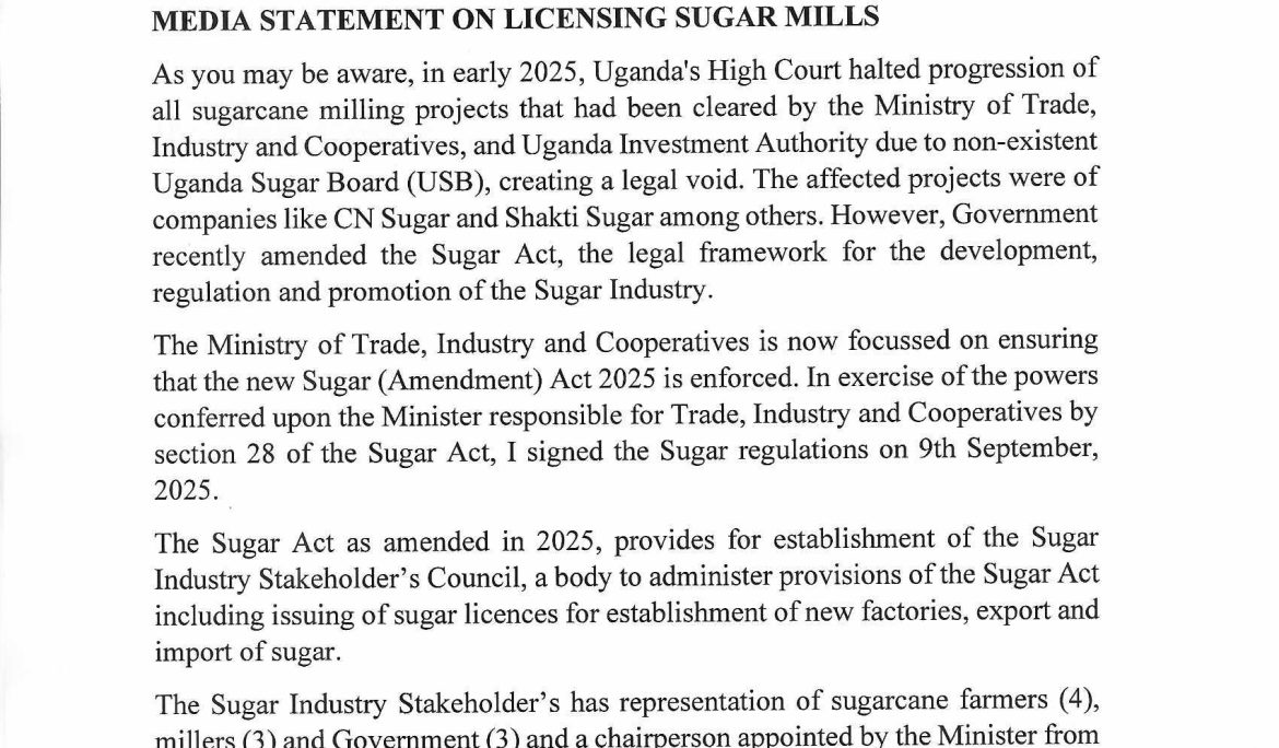 Clarification by Hon. Francis Mwebesa, on the Licensing of New Sugar Mills