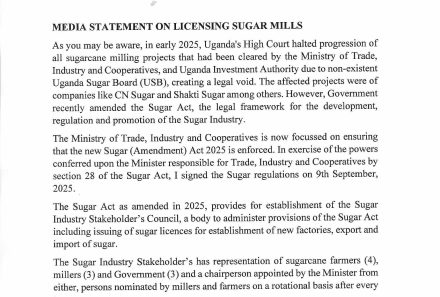 Clarification by Hon. Francis Mwebesa, on the Licensing of New Sugar Mills