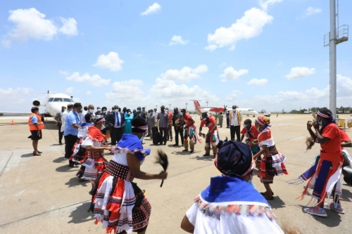 The-Ugandan-delegation-led-by-Hon.-Francis-Mwebesa-receive-a-colourful-welcome-upon-arrival-at-Moi-International-Airport-in-Kenya-on-Tuesday-7th-Sept-2021.